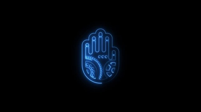 Neon blue hamsa hand symbol with intricate geometric patterns and gears glowing on black background digital animation
