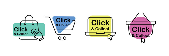 Click and collect icons. Design for ecommerce, internet orders, internet sales and retail. Concept online order or internet shopping. Mouse cursor or hand pointe