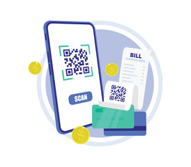 Vector flat render smartphone scans QR code from paper bill invoice with mobile app banner design. In-app billing service in isometric vector illustrations