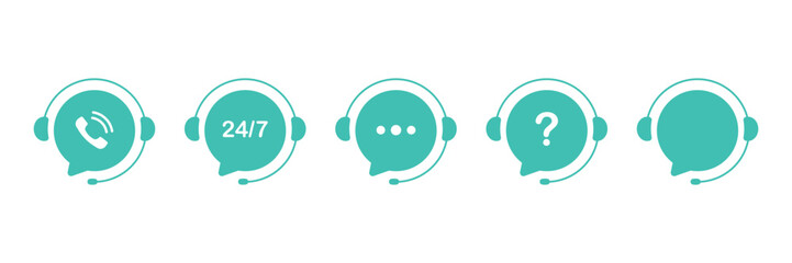 Customer support service. Online support service with headphones. Headphones with microphone and chat speech bubble. Hotline support service. Call center symbols. Vector illustration