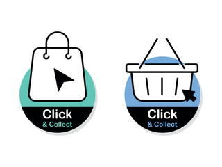 Click and collect icons. Design for ecommerce, internet orders, internet sales and retail. Concept online order or internet shopping. Mouse cursor or hand pointe