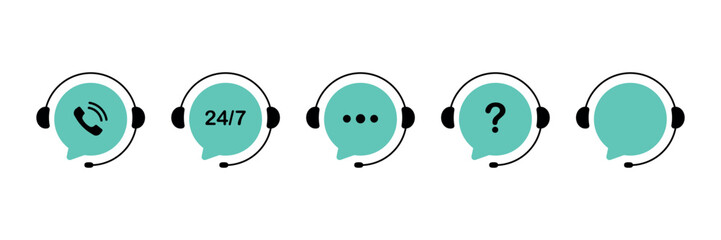 Customer support service. Online support service with headphones. Headphones with microphone and chat speech bubble. Hotline support service. Call center symbols. Vector illustration