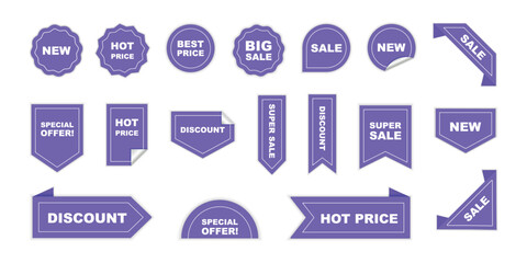 Realistic red price tags collection. Promotional sale badge with text. Special offer or shopping discount label. Vector set of adhesive stickers with a folded edges. Vector illustration