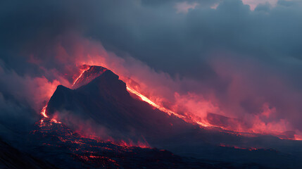 Ultra HD Volcano erupting with lava flowing down the mountain at night with clouds image