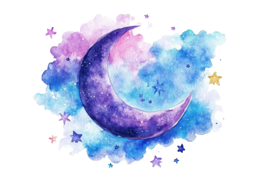 Purple crescent moon glimmers in a blue night sky with soft clouds and colorful stars, creating a serene and magical atmosphere - Powered by Adobe
