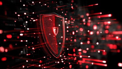 Medium shot featuring a digital firewall interface actively blocking malicious network traffic to safeguard sensitive information from cyber attacks. - Powered by Adobe