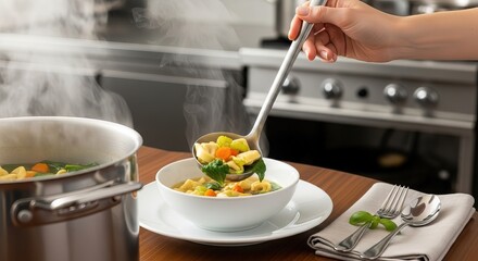 Serving Hot Tortellini Soup for Dinner