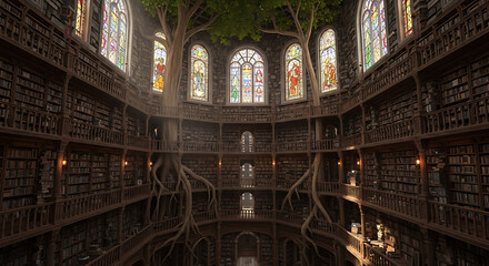 Obraz premium Fantasy library with trees growing inside and stained glass windows