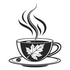 Black coffee cup logo with maple leaf and steam black and white
