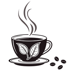 Black coffee cup with leaf design and steam hot drink