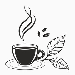 Black coffee cup with steam and leaves illustration