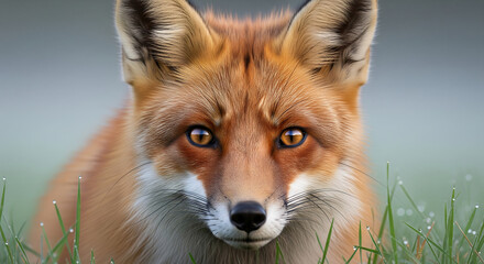 Fototapeta premium close-up portrait of a red fox gazing intently with luminous amber eyes, plush fur detailed in morning dew against misty woods. Side dawn light accentuates whisker finesse and eye depth,