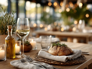 Italian dinner table with bread, olive oil and wine — cozy restaurant atmosphere with candles and warm lighting.