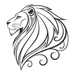 Black monoline lion head with decorative mane black and white