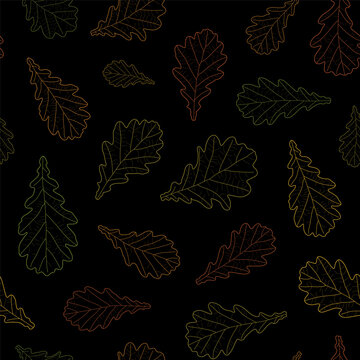 Abstract botanical pattern. Seamless print composed of green, red, yellow, orange line leaves of oak on black background. Botanical colorful background.