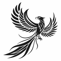 Black vector phoenix bird with spread wings and long tail