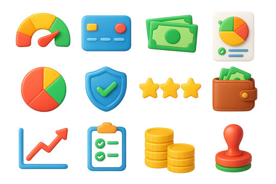 3D Credit Score Icons. Credit score set of icons in 3D color style: circular gauge, card payment icon, dollar notes, checklist with score, pie chart