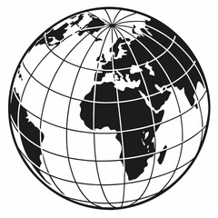 Black and white globe with grid lines on white background