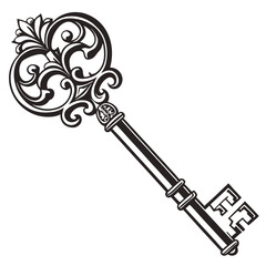 Black ornate vintage key with floral handle on white
