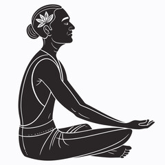 Black silhouette of person meditating in lotus pose with flower