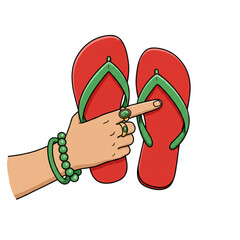 Stylish summer choice featuring vibrant red flip-flops, accessorized hand with green beaded bracelet and rings, perfect for vacation vibes or casual beachwear