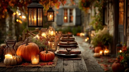 Warm autumn outdoor table setting embracing thanksgiving spirit. Sharp image. Vibrant autumn table decor with pumpkins and candles. Clean layout. Strong contrast.