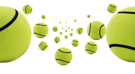 Vibrant neon green tennis balls in a dynamic abstract perspective creating a sense of speed and motion against a dark background