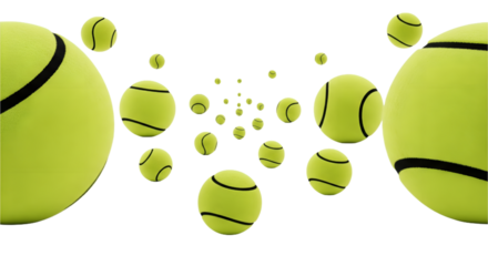 Vibrant neon green tennis balls in a dynamic abstract perspective creating a sense of speed and motion against a dark background