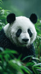 Obraz premium Giant panda sitting in lush bamboo forest, soft morning fog, peaceful expression, black and white fur, natural habitat