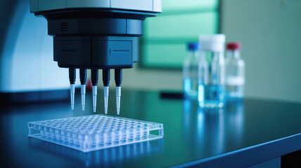 Automated pipette genomic edit lab research biotech microplate precision sterile blue light glow science laboratory workflow. Automated pipette