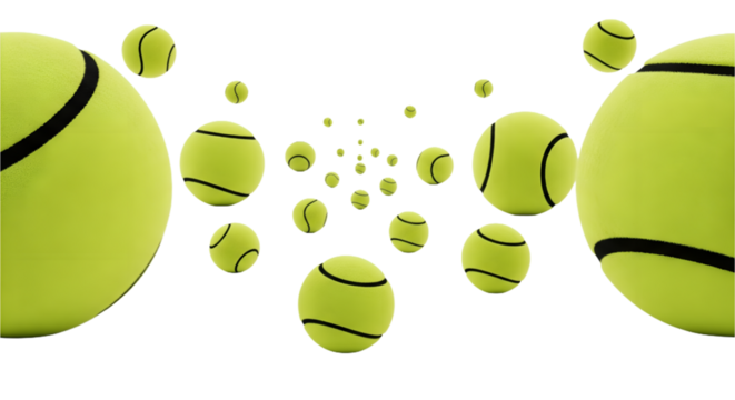 Vibrant neon green tennis balls in a dynamic abstract perspective creating a sense of speed and motion against a dark background