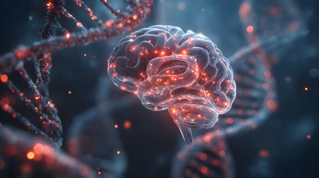 Futuristic digital artwork of translucent human brain and dna concept for science and innovation