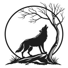 Black wolf howling at moon in bare tree circle silhouette
