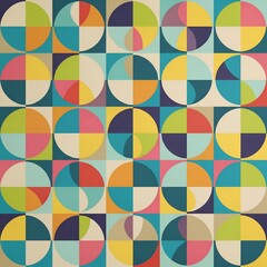 Vibrant mid century modern geometric pattern with colorful circles and squares in a retro abstract design