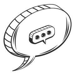 Black outline speech bubble with dots on white background