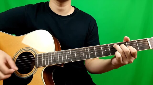 Man Playing Acoustic Guitar on Green Screen - A person in a black shirt is shown playing an acoustic guitar in front of a green screen. The focus is on the person's hands fretting the guitar strings.
