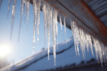 Long, clear icicles dangle from the edge of a wooden roof, catching the sunlight in a bright winter scene. Snow covers the ground, creating a serene atmosphere