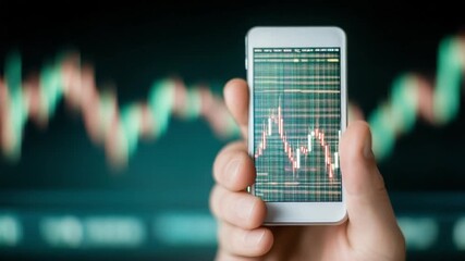 Market Analysis on the Go: A person's hand firmly grasps a smartphone, its screen illuminating complex stock market graphs against a blurred backdrop. - Powered by Adobe