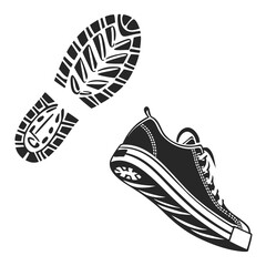 Black sneaker and footprint silhouette on white background