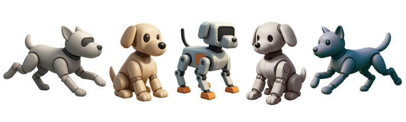 Cute robot dog icons collection; robot dog models in 3d style show sitting and running poses for friendly tech branding; robot dog set suits apps, games, education, modern gadget concept