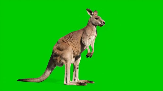 Standing Kangaroo on Green Screen - A kangaroo stands upright against a solid green background. The marsupial is a light brown color with a long tail and is looking to the right.