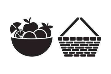 Simple silhouette of a fruit bowl and picnic basket