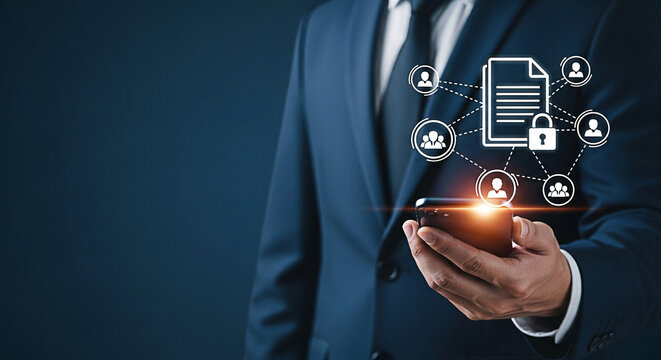 Businessman using secure mobile technology for data protection and network access on his smartphone in a dark blue professional setting