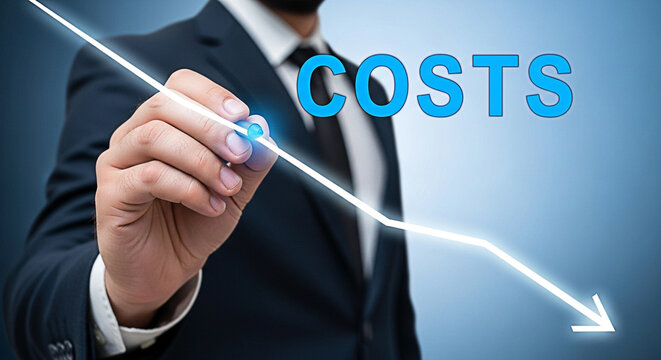 Businessman drawing a downward trend line representing decreasing costs on a blue background symbolizing financial savings and economic efficiency