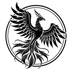 Black phoenix bird with spread wings in circular frame