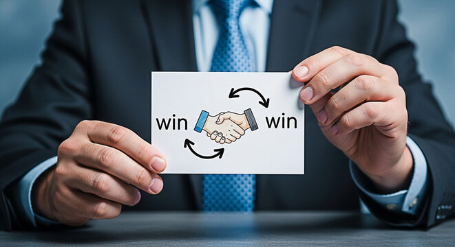 Businessman holds a winwin concept card depicting a successful partnership and mutual benefit in a business negotiation or agreement scenario