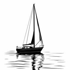 Black sailboat silhouette on water with white background