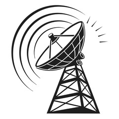 Black satellite dish on tower emitting signal waves