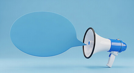 Blue and white megaphone with speech bubble on a light blue background for announcements and marketing campaigns reaching a wide audience now