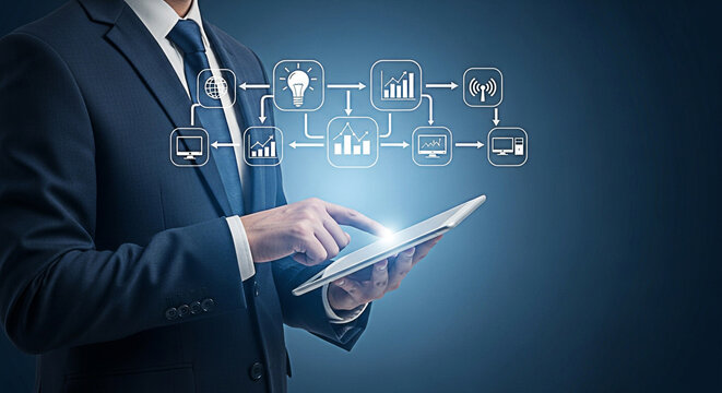Businessman using tablet with data flow diagram for business intelligence and strategic planning on a blue background for corporate presentations